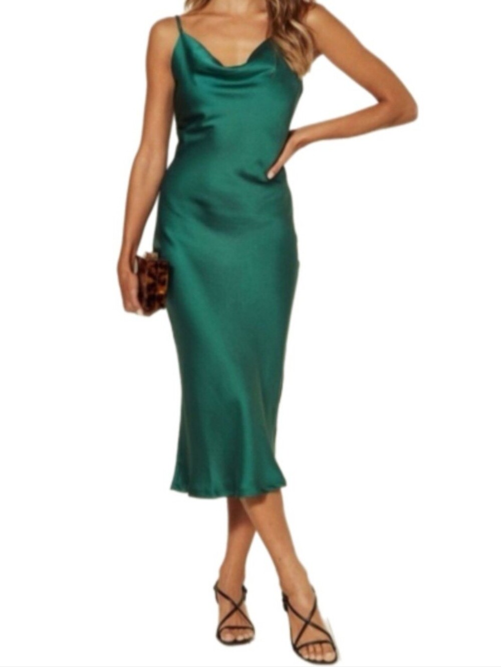 Justify Emerald Green Satin Slip Midi Dress With Side Slit